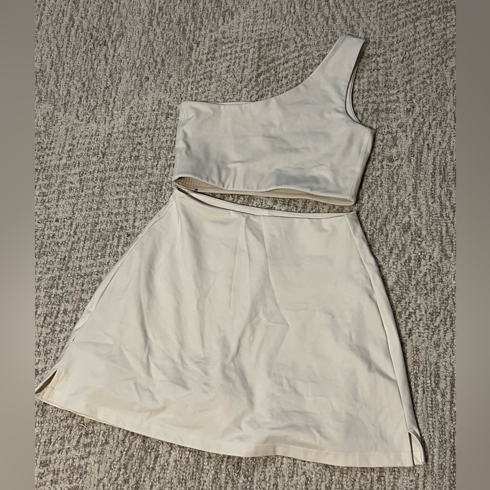 Girlfriend Collective One Shoulder Bra and Skort Set